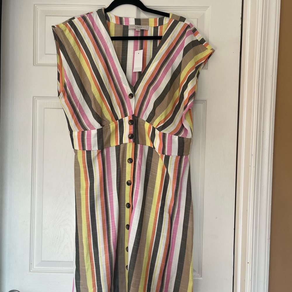 LOFT Striped Dress 14 NWT NEW Linen Swing Dress (cream pink orange brown)